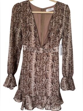 MOD ON TREND Brown Snake-Print Long Sleeve Mini Dress Ruffles Medium NEW Boho